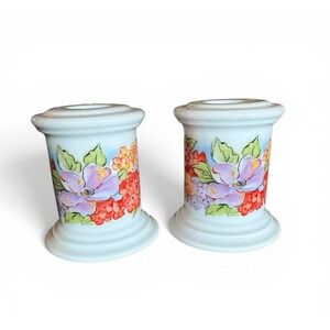 Pair of Vintage White Floral Ceramic Candlestick Holders Spring Flowers